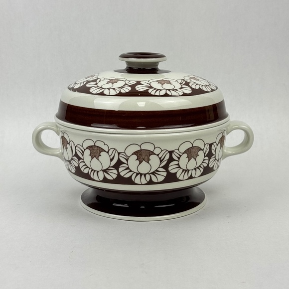 RARE Vtg Arabia of Finland Katrilli Brown Floral Covered Soup Pot Esteri Tomula